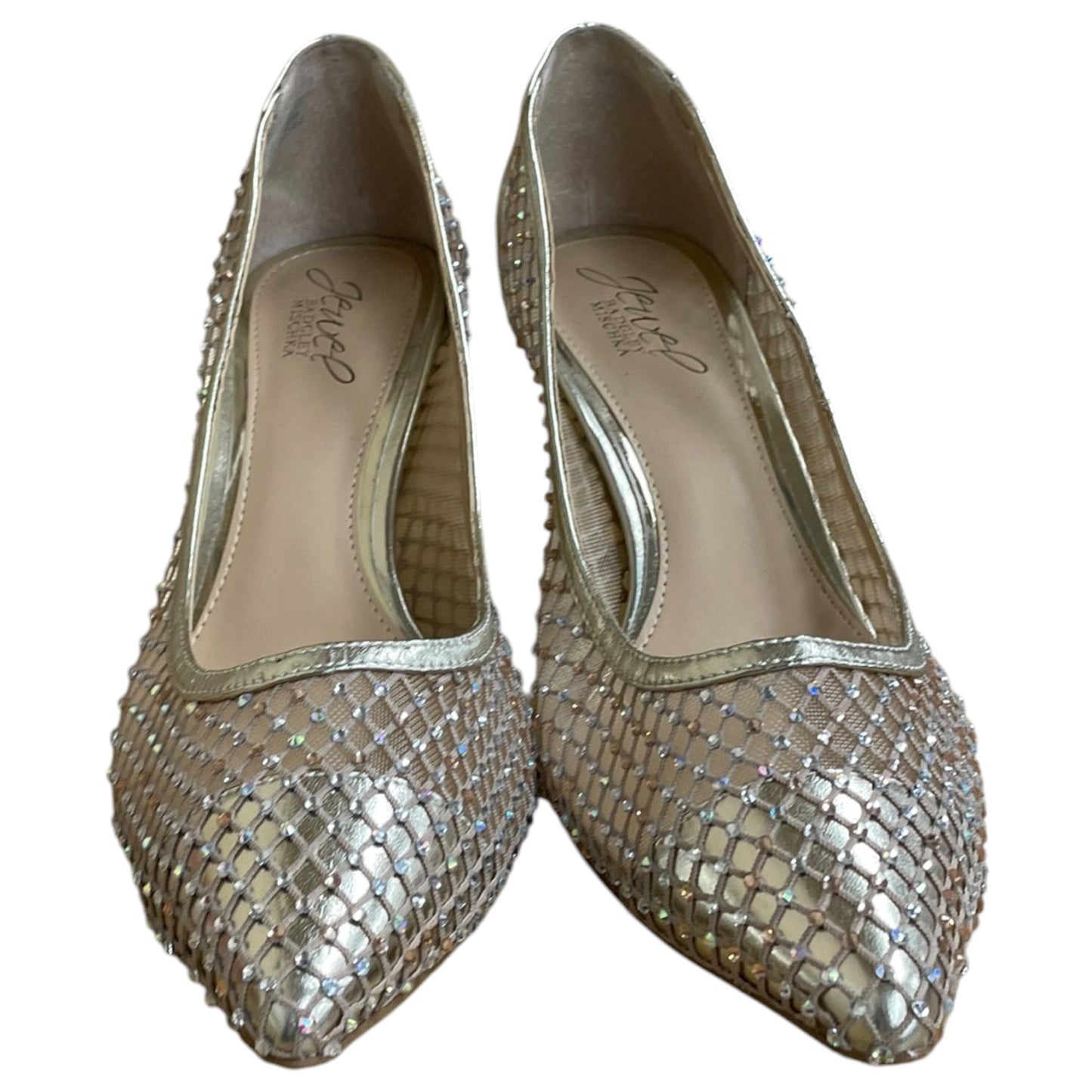 Shoes Heels Stiletto By Jewel Badgley Mischka In Gold, Size:8.5