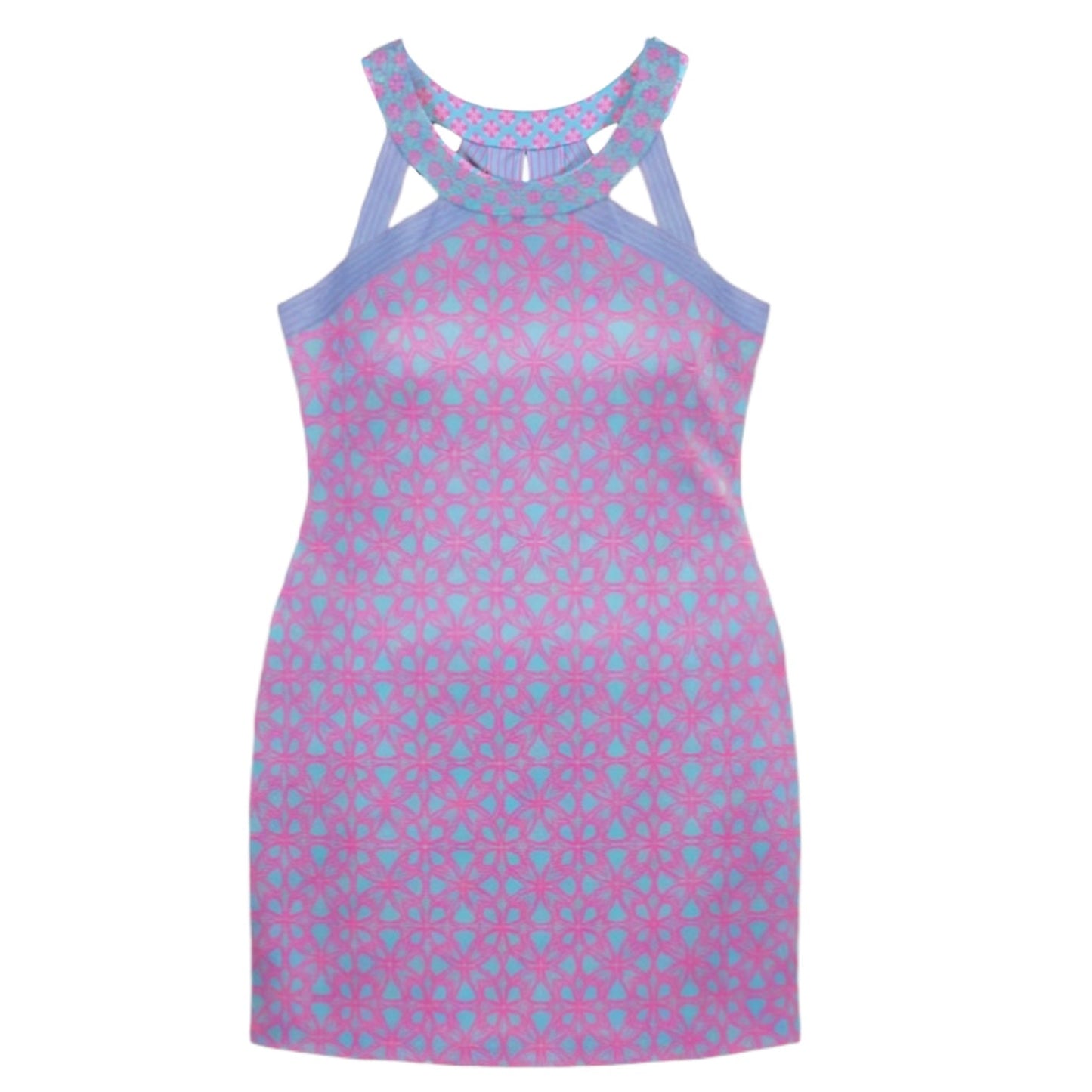Isosceles Jersey Geometric Print Halter Cut Out Dress By Gretchen Scott In Blue & Pink, Size: XXL
