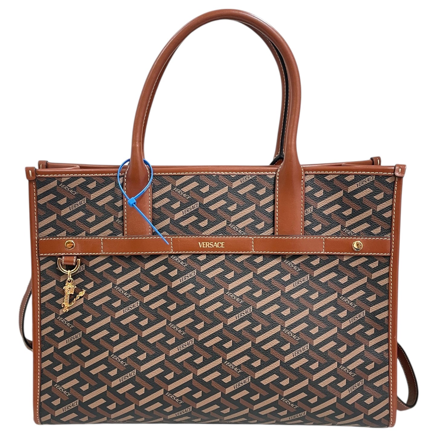 Tote Luxury Designer By Versace In Black & Brown, Size:Large