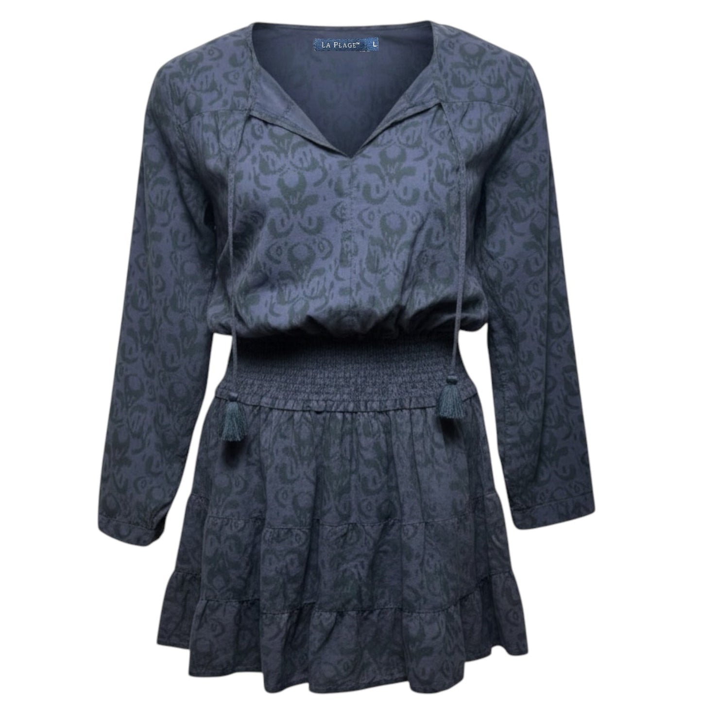 Long Sleeve Smocked Waist Mini Dress By La Plage In Purple, Size: L