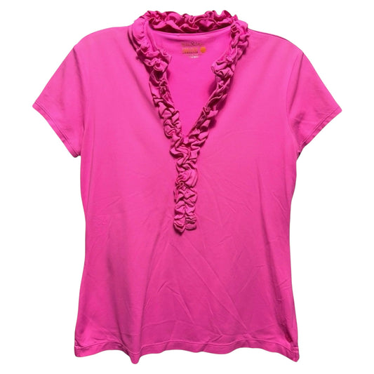 UPF 50+ Luxletic Frida Ruffle Polo Top Designer By Lilly Pulitzer In Pink Isle, Size: S