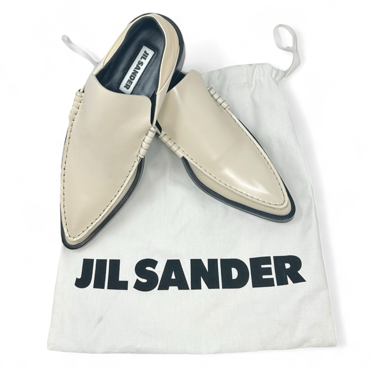 Moccasino Pointed Toe Leather Loafers Luxury Designer By Jil Sander In Bone, Size: 6