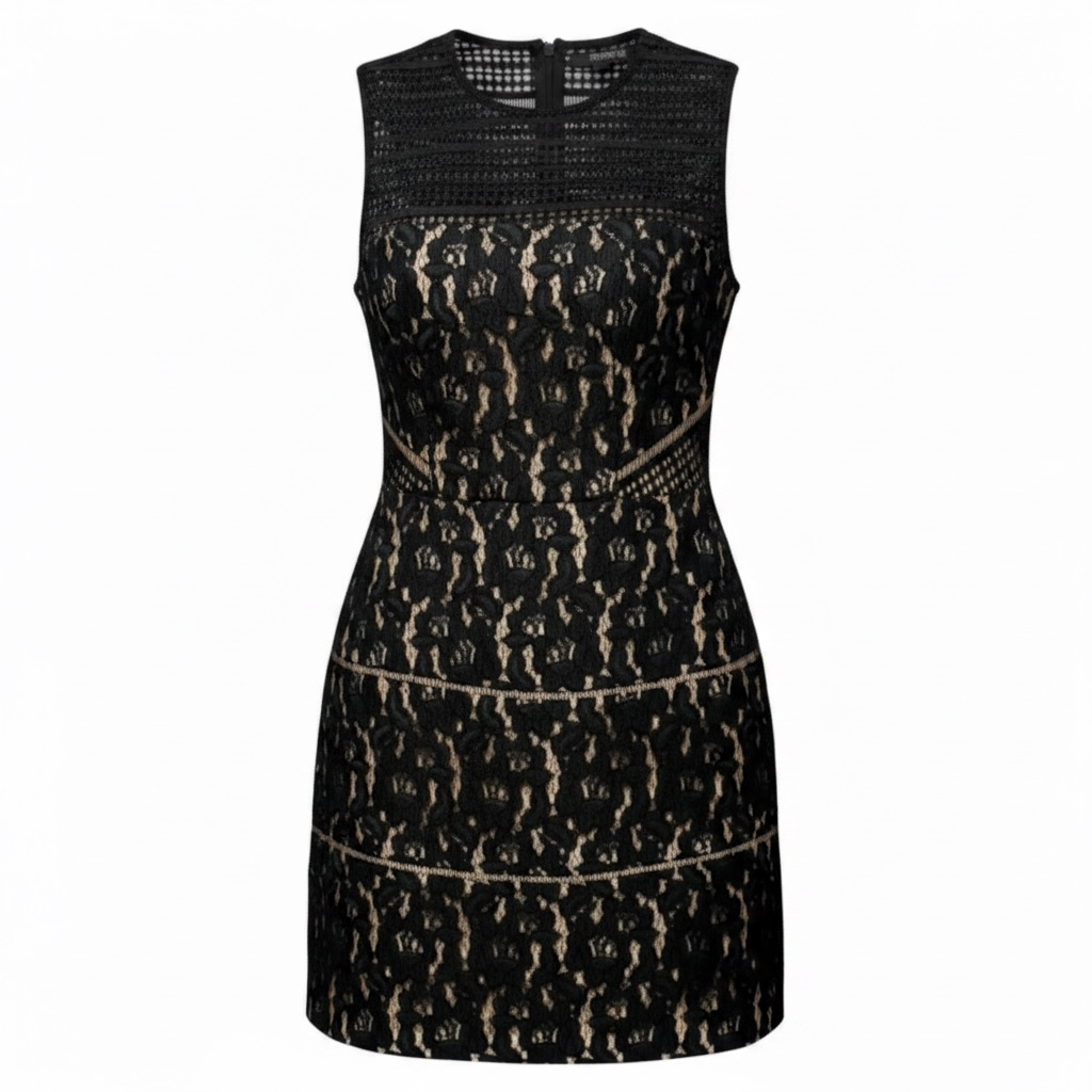 Illusion Mesh Lace Fit and Flare Cocktail Dress By Aidan Mattox In Black & Cream, Size: 2