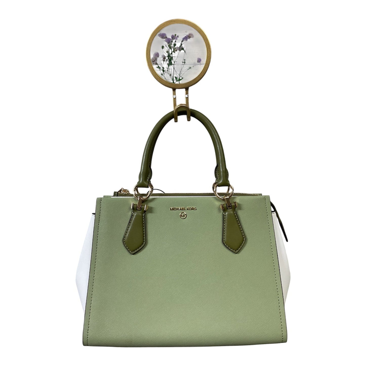 Handbag Designer By Michael Kors In Green & White, Size:Medium