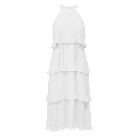 Tiered Plissé Maxi Dress In White, Size: S