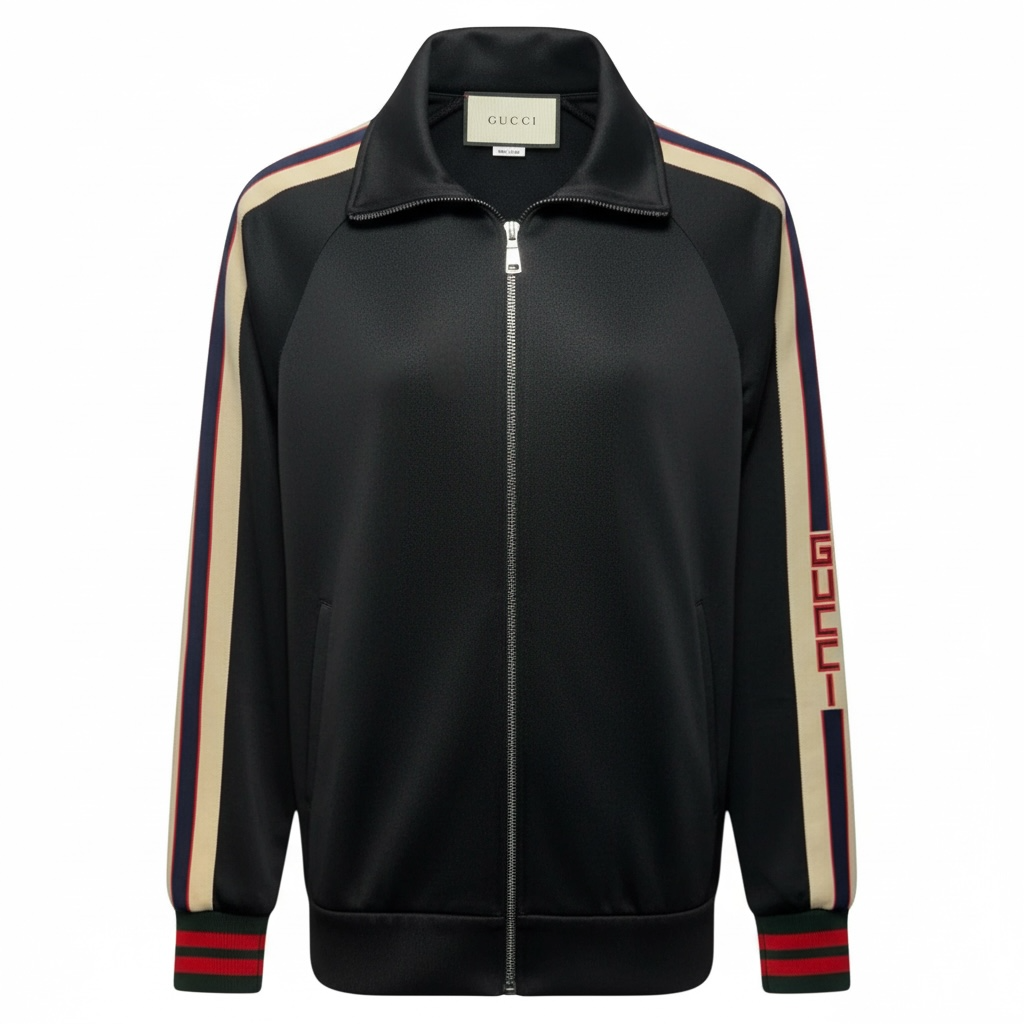 Web Trim Technical Jersey Track Jacket Luxury Designer By Gucci In Black & Cream, Size: S MEN’S