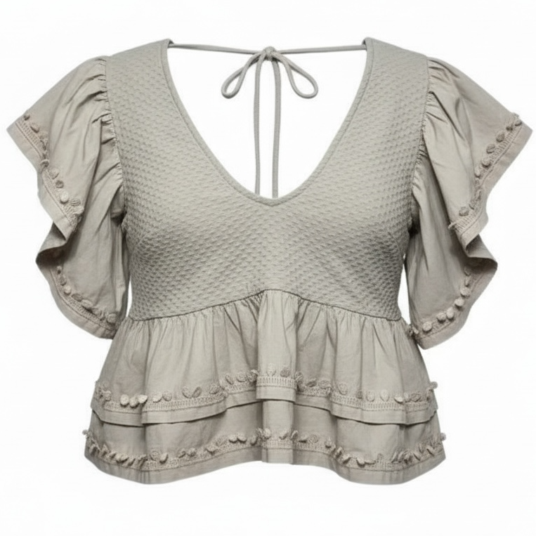 Ruffle-Sleeve Tiered V-Neck Top By Anthropologie In Taupe, Size: M