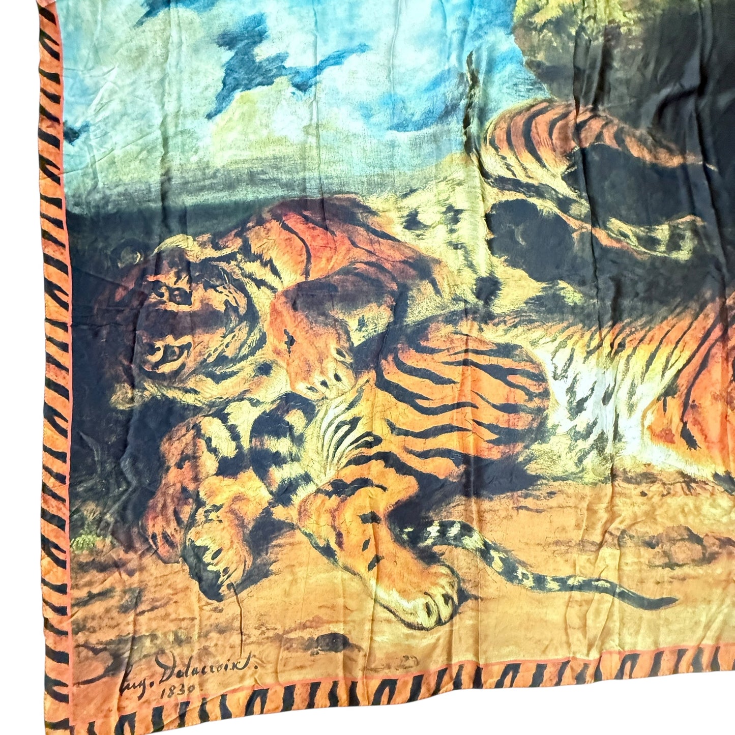 Delacroix “Young Lion Playing With Its Mother”Oversized Oblong Printed Silk Scarf By The Metropolitan Museum of Art , Size: 0