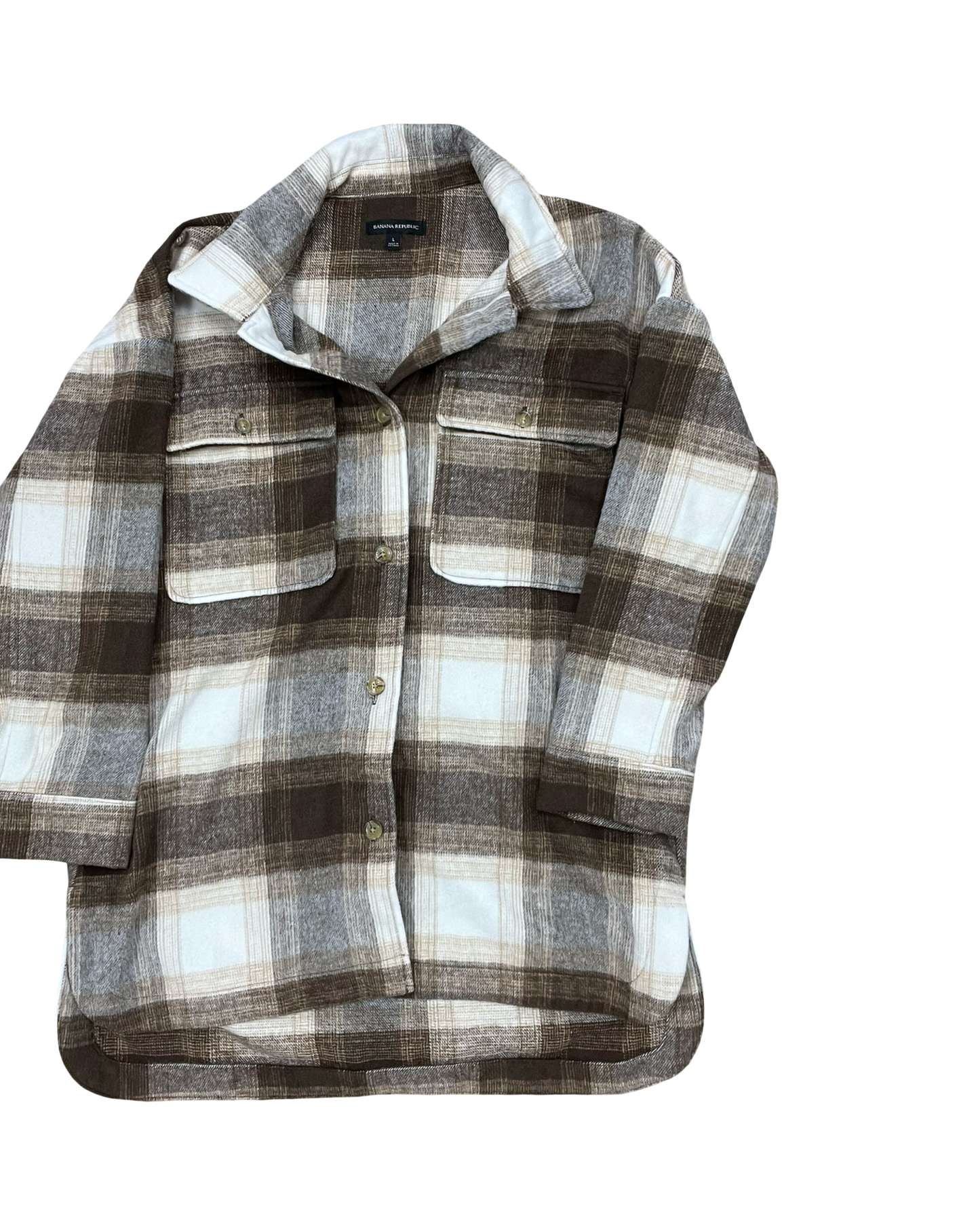 Jacket Shirt By Banana Republic In Brown & Cream, Size:L