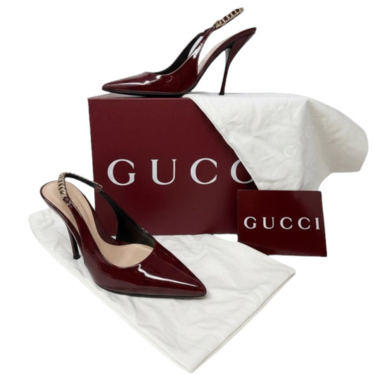 Signoria Patent Leather Slingback Pumps Luxury Designer By Gucci In Rosso Ancora, Size: 7