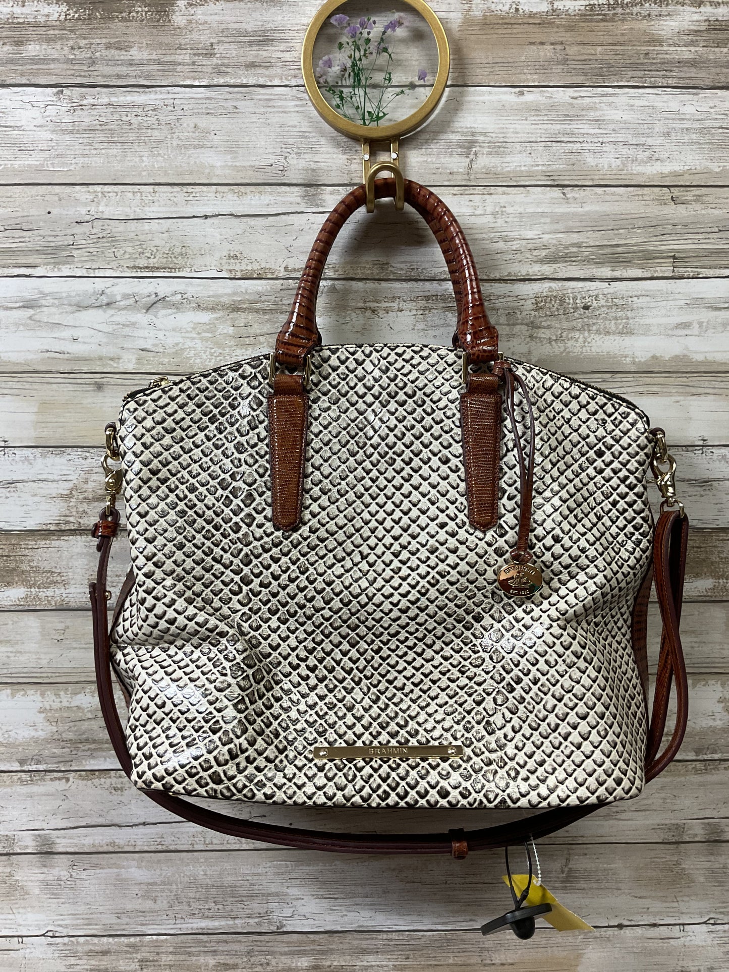 Handbag Designer By Brahmin In Brown & White, Size:Large