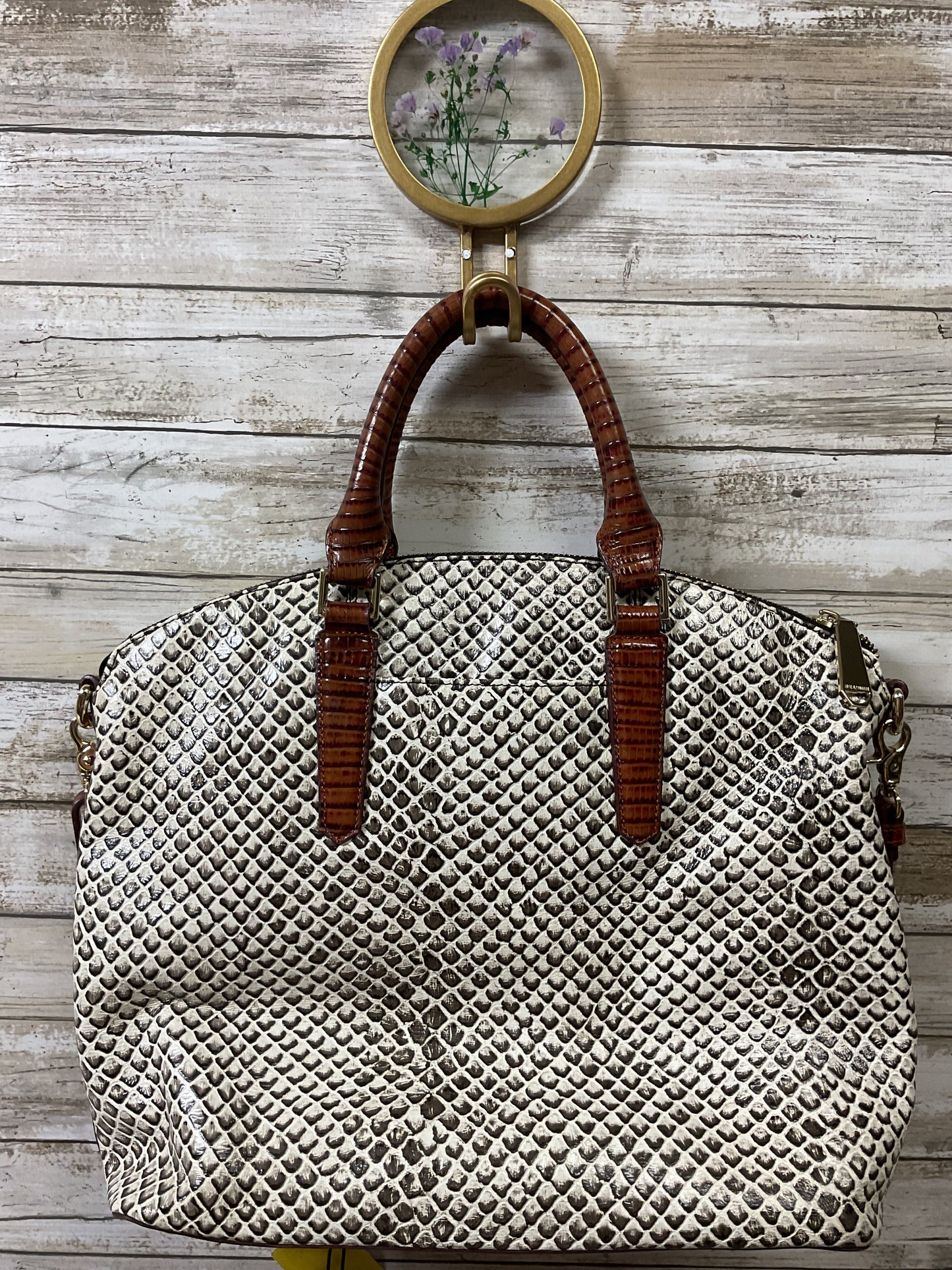Handbag Designer By Brahmin In Brown & White, Size:Large