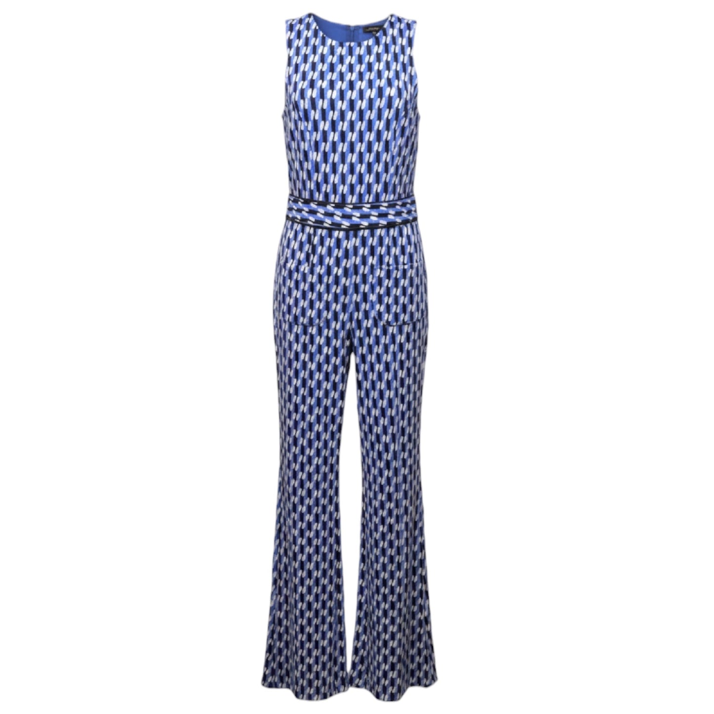Ponte Knit Wide-Leg Jumpsuit By Maeve In Blue Motif Geometric Pattern, Size: XS