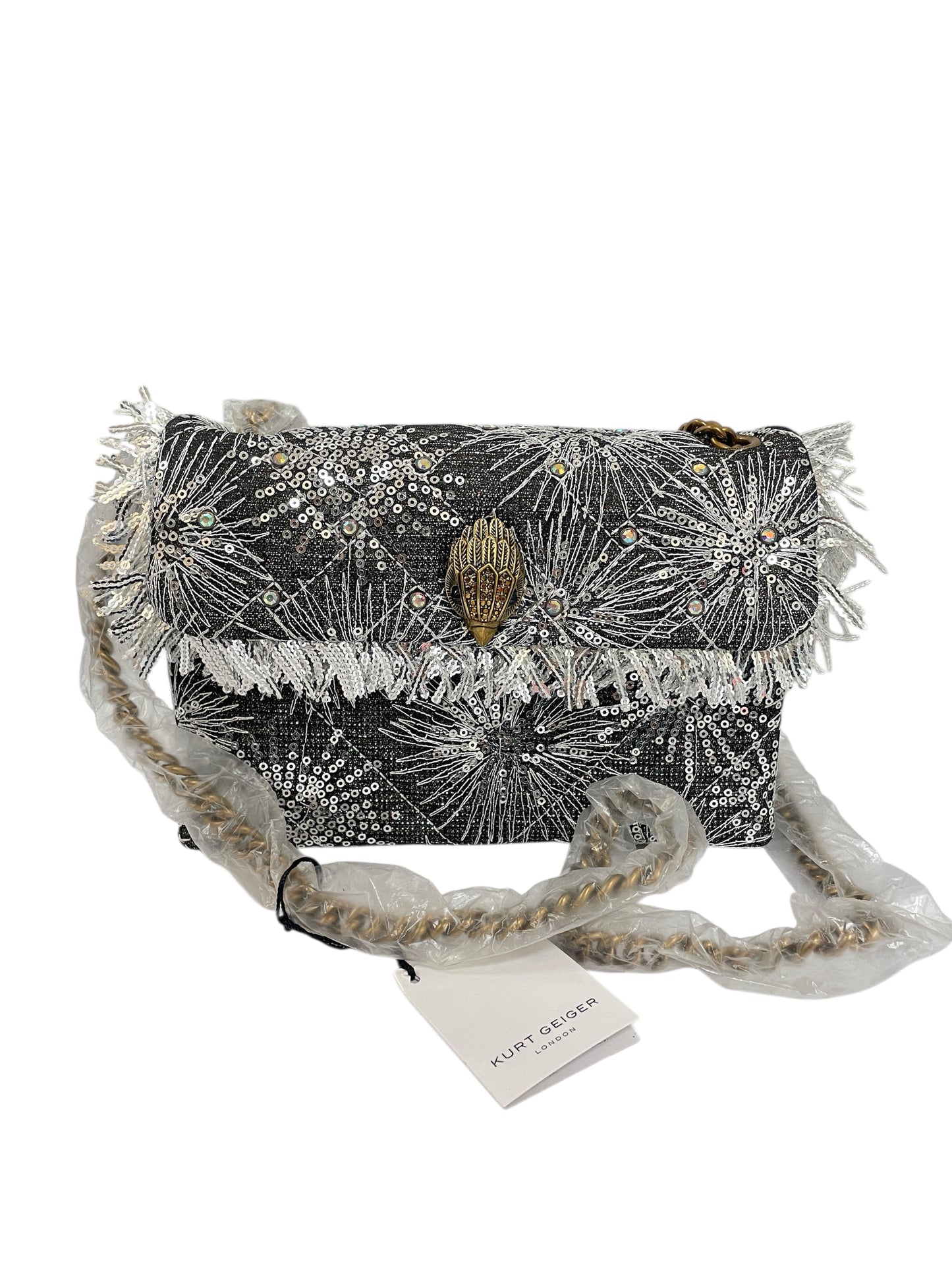Crossbody Designer By Kurt Geiger In Grey & Silver, Size:Medium