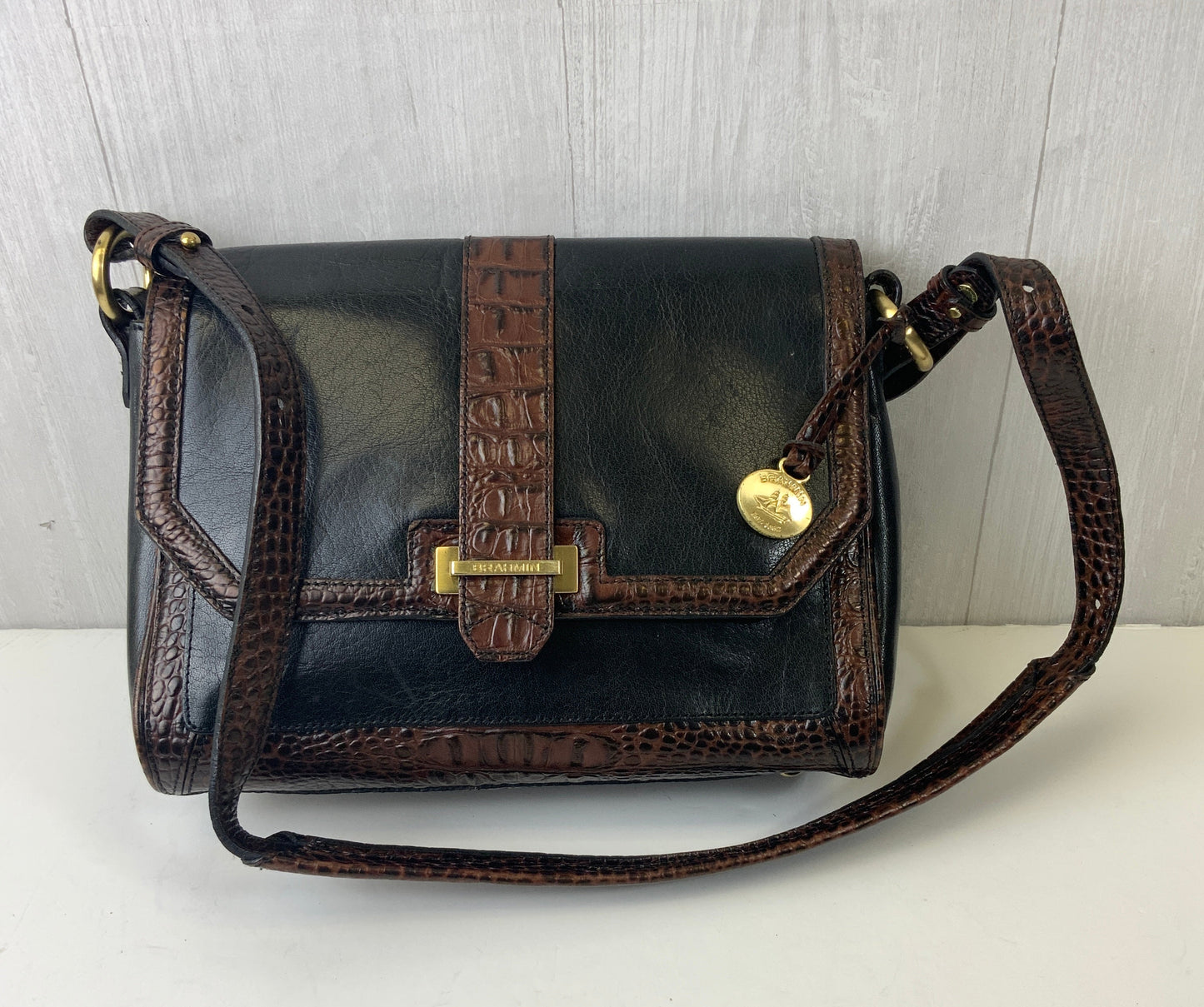 Handbag Designer By Brahmin In Black & Brown, Size:Medium