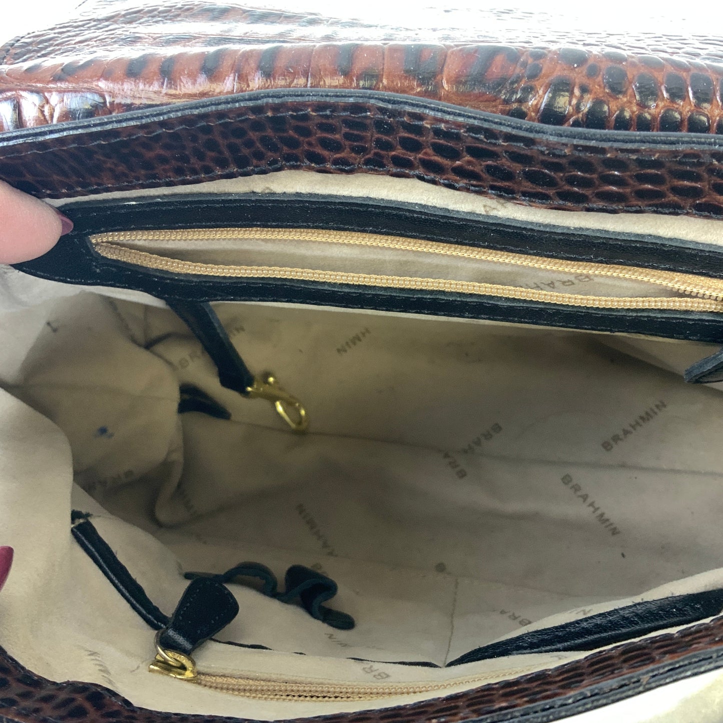 Handbag Designer By Brahmin In Black & Brown, Size:Medium