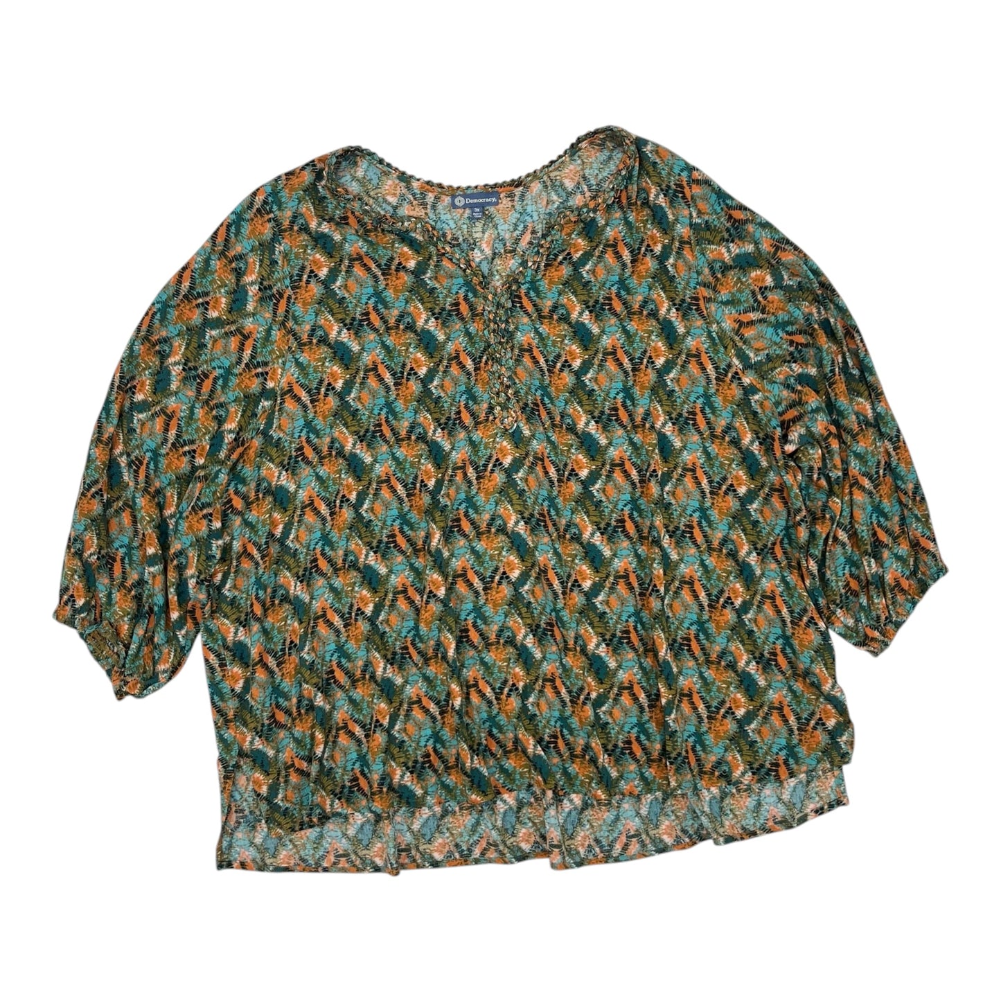 Blouse 3/4 Sleeve By Democracy In Green & Orange, Size:3X