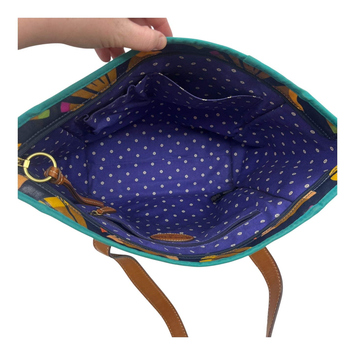 Handbag By Fossil In Blue & Tan, Size:Medium