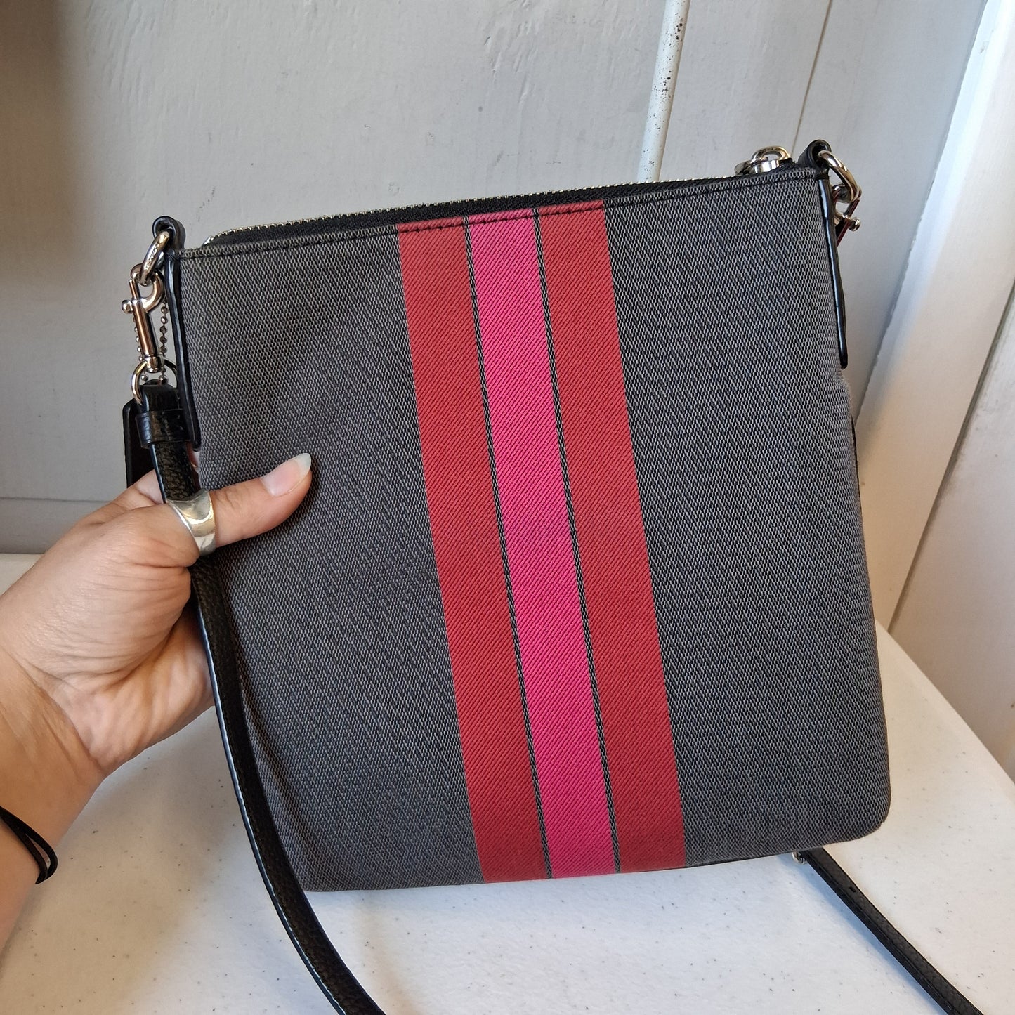 Crossbody Designer By Coach In Grey & Red, Size:Small